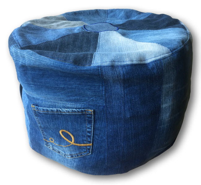 Round Pouf Ottoman Footrest Denim Jeans Upcycling